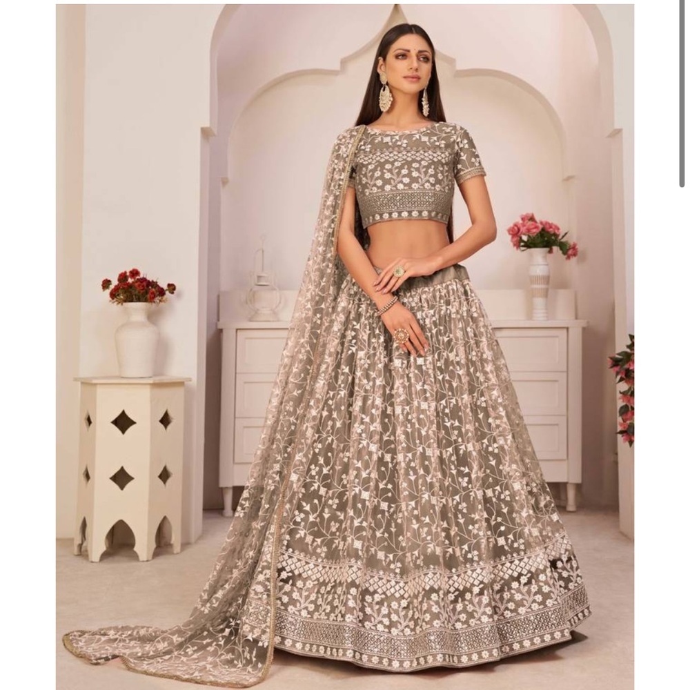 Brown lehenga embroidered floral champagne / nude / tan / beige standard stitch